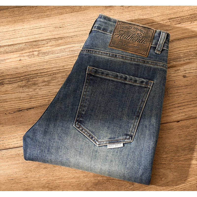 Jeans Vintage da uomo attillati street fashion high-end industria pesante lavato slim-fitting piccoli pantaloni lunghi nostalgici alla moda dritti