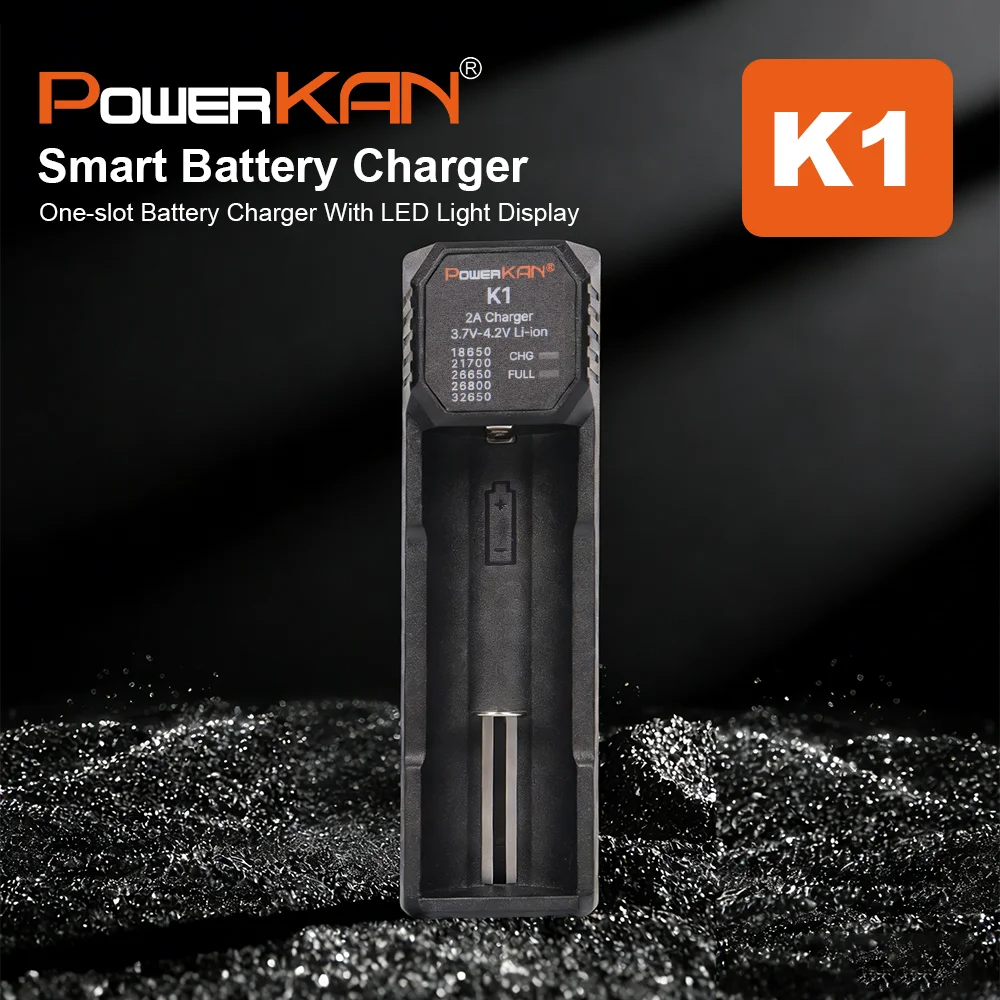 POWERKAN K1 1 Slot Smart Charger, Type-C Fast Charger for 18650 21700 26650 Li-ion Batteries