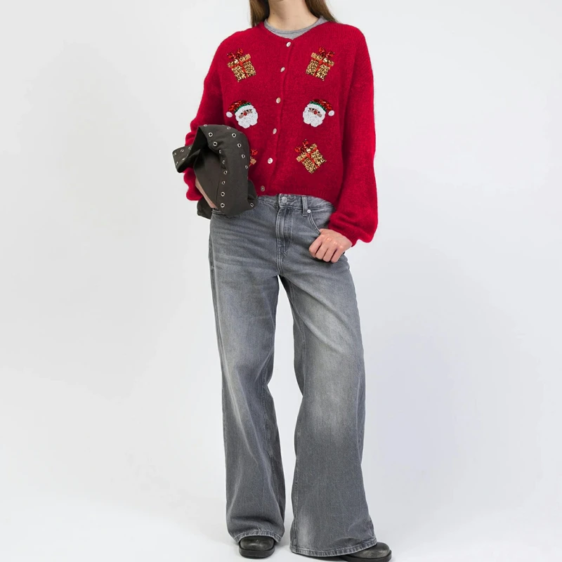 

Combhasaki женский рождественский свитер кардиган на пуговицах с длинным рукавом с круглым вырезом и блестками Санта-Клаус/подарок с вышивкой вязаная куртка