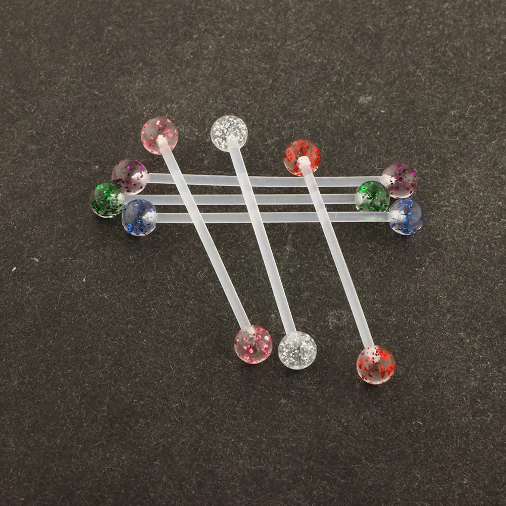 6Pcs Soft Rod Tongue Rings Acrylic Surgical Steel Body Piercing Jewelry Hypoallergenic Navel Cartilage Piercing Set Red Green