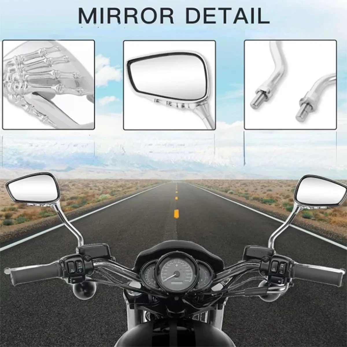 1 pair of silver universal motorcycle rearview mirrors, skull shape, universal 8mm/10mm, suitable for installation and use on mo