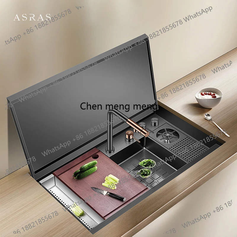 Nanometer Black Flip Cover Hidden kitchen Sink 304 Stainless Steel 4mm Thickness Handmade Stepped Sinks Cup Rinser Sinks