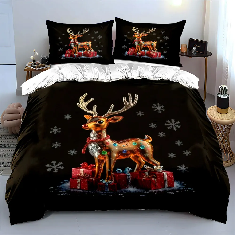Sparkling reindeer and gifts enhance the festive winter vibe Print Duvet Cover Bedding Set Included 1*Duvet Cover 2*Pillowcases