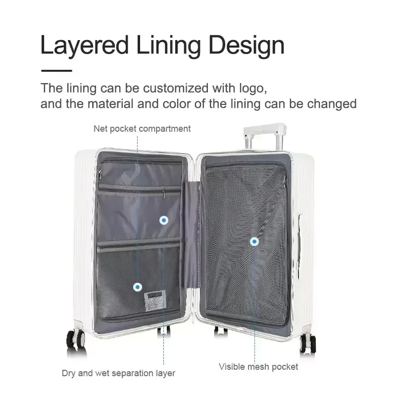 20/22/24/26 ''حقيبة فتح أمامية للسفر المتداول الأمتعة سبائك الألومنيوم عربة الكمبيوتر مع عجلة دوارة USB شحن المكونات