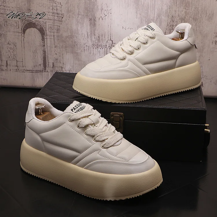 Sneaker Casual Men Designer White Shoes Fashion Genuine Leather Cowhide Breathable Height Increased Flat Platform Board Shoes