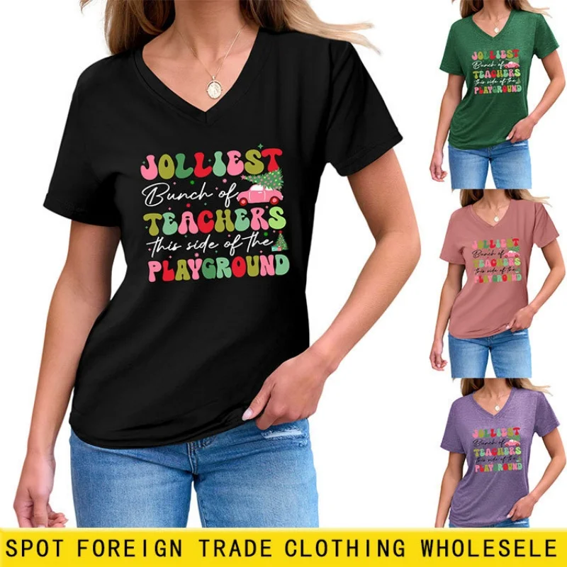 

Letter-printed versatile V-neck short-sleeved T-shirt for women, summer lightweight casual top with shoulder straps