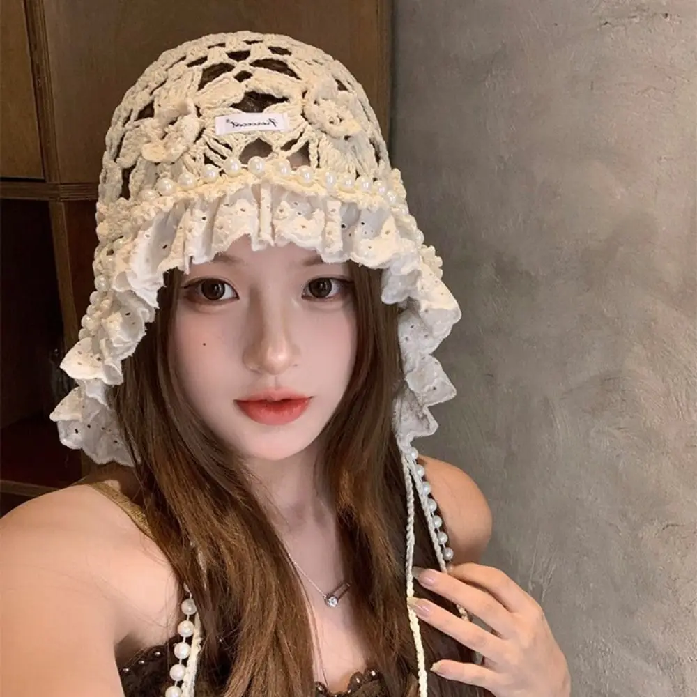 Fashion Pearl Tassels Crochet Flower Knitted Hat Bohemian Style Hollow Out Knit Cap Thin Handmade Weave Cap Apparel Accessories