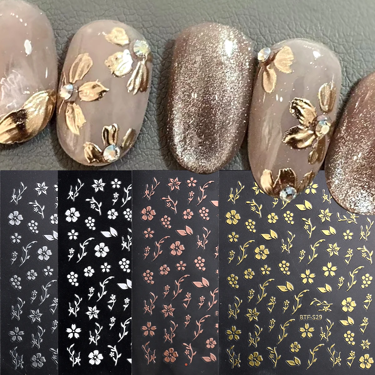 Goldene Blumen-Nagelkunst-Aufkleber - Blattdesign Selbstklebend mit Schimmerndem Finish, Cartoon-Thema, Nagelkunst-Sticker, Elegantes Nageldesign