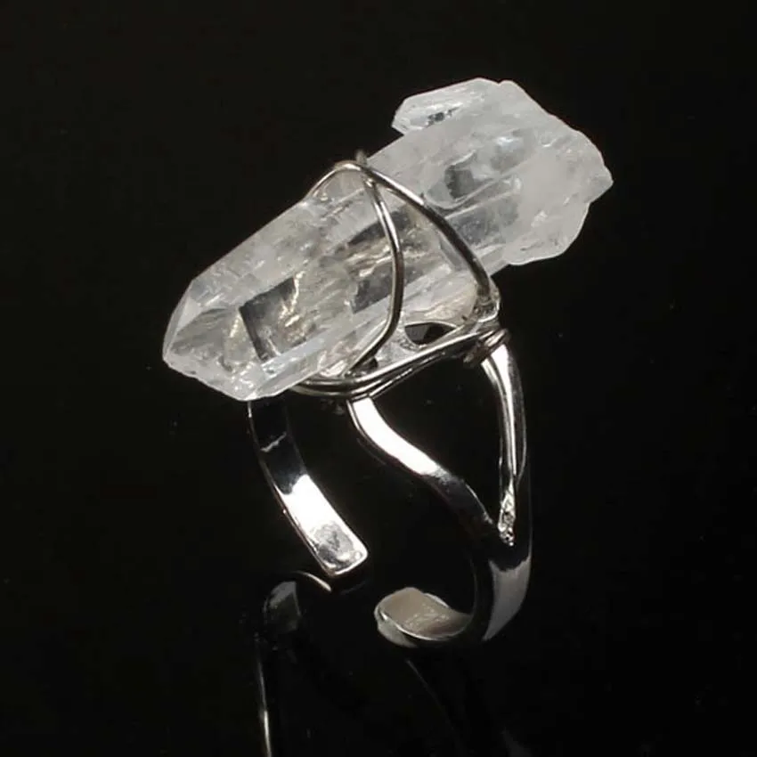 Wire Wrapped Natural Raw Irregular Rock Crystal Quartz Pillar Stone Resizable Size Finger Ring  Women Girls Jewelry Gifts