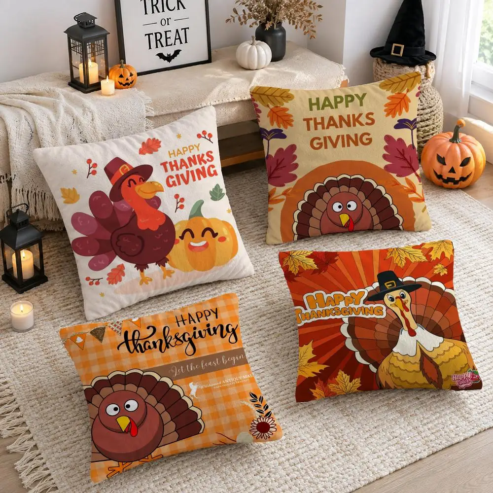 Thankful Festival Turkey Cushion Cover Soft Short Plush Double-Sided Printing Sofa Home Decor Festival Pillow Case Gifts