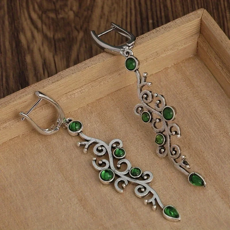 Charm Flower Earrings Vintage Silver Color Green Stone Drop Earrings for Women Jewelry