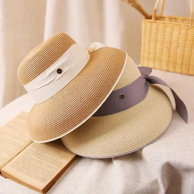 2025 Hepburn Sun Hat Women Summer Sunscreen Straw Hat Female Retro Bow French Elegant Hat Big Eaves Sunshade Beach Hat