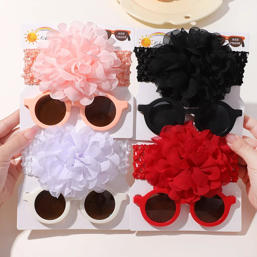 

2Pcs/set Handmade Flower Headband Glasses Set Casual Elastic Wide Band Hairband for Baby Retro Round Sunglasses Gift Sets