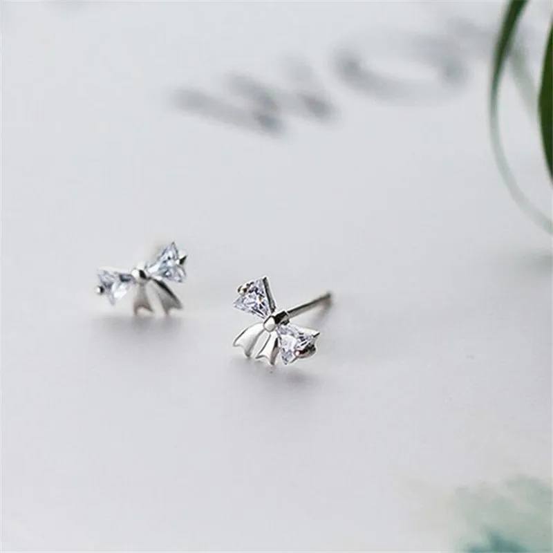 New Fashion Jewelry Sweet Triangle Crystal Bow 925 Sterling Silver Temperament Personality Exquisite Stud Earrings  E164