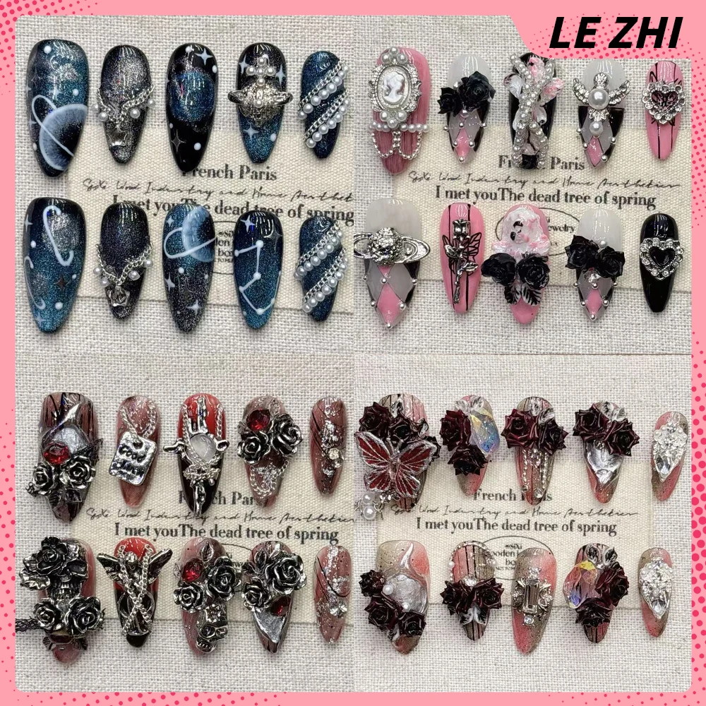 

10Pcs Spice Girl Dark Square Almond Handmade Wearable Press On Nails 3D Flower Butterfly Pearl Starry Sky Rhinestone Fake Nails