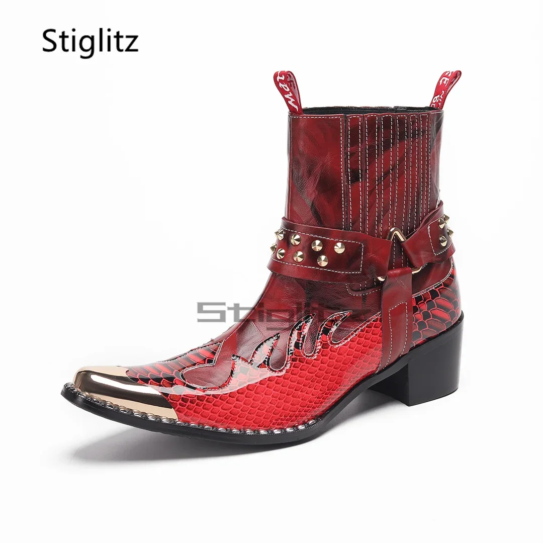 

Мужские ковбойские сапоги Totem разных цветов, ботинки челси на высоком каблуке с заклепками и железным носком, вечерние деловые туфли без шнуровки из лакированной кожи