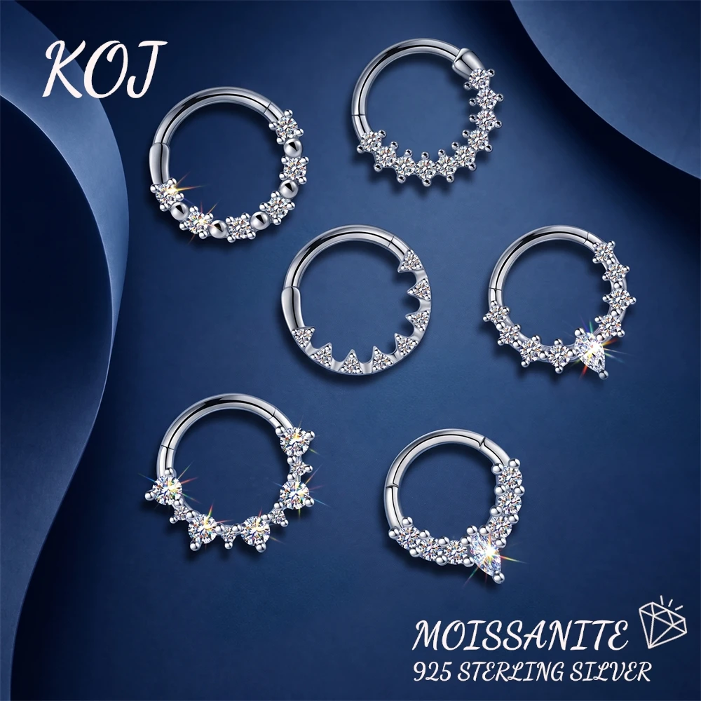KOJ 1PC Sparkling Moissanite 925 Sterling Silver Clicker Hoop Piercing Ear Bone Stud Nose Ring Hypoallergenic For Women Gift
