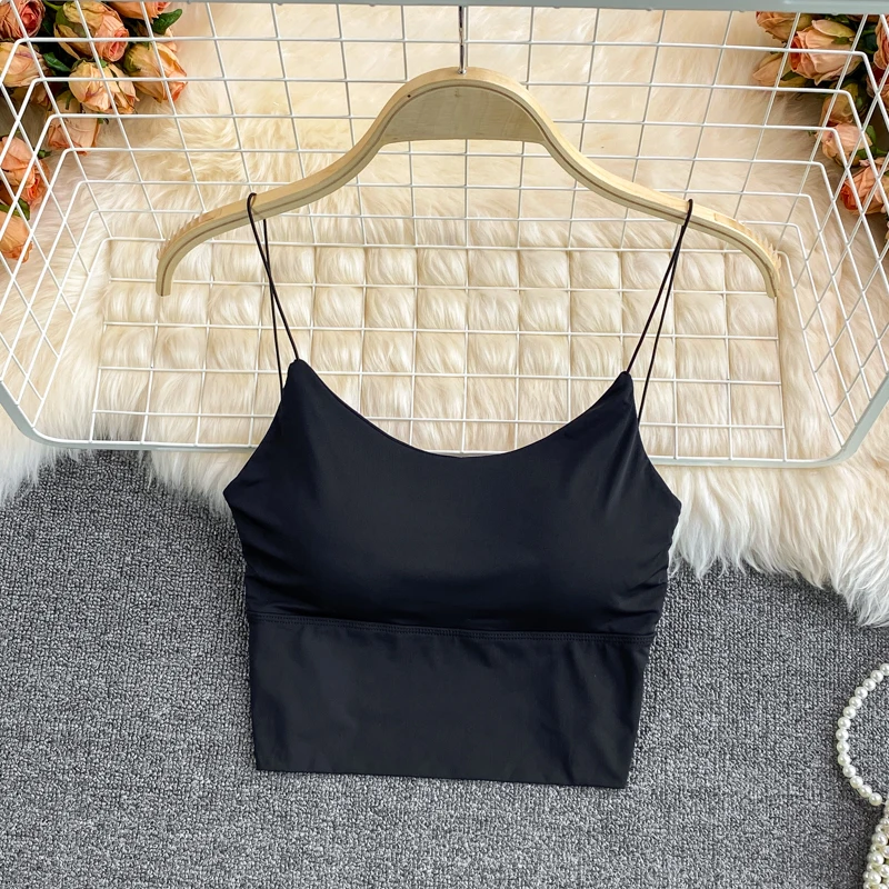 Sexy Summer Bra Ice Silk Crop Tops Sports Spaghetti Strap Vest Top Women Built In Bra Off Shoulder Sleeveless Camisole Underwear