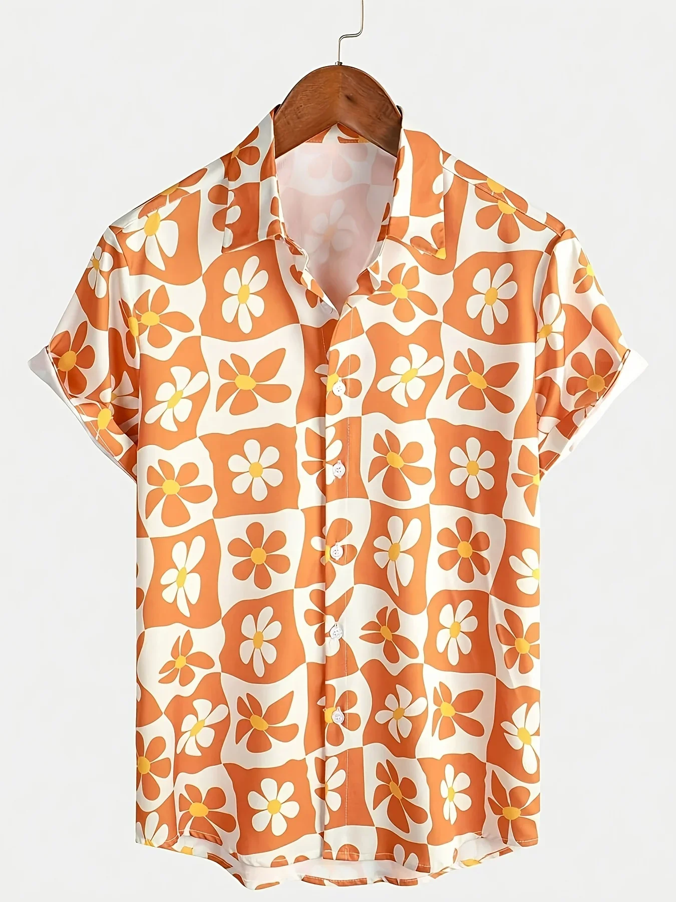 Mens Summer Vacation Shirt All‑Over Print 70s Vintage Daisy Check Board Floral Pattern Short Sleeve Button‑up Casual Party