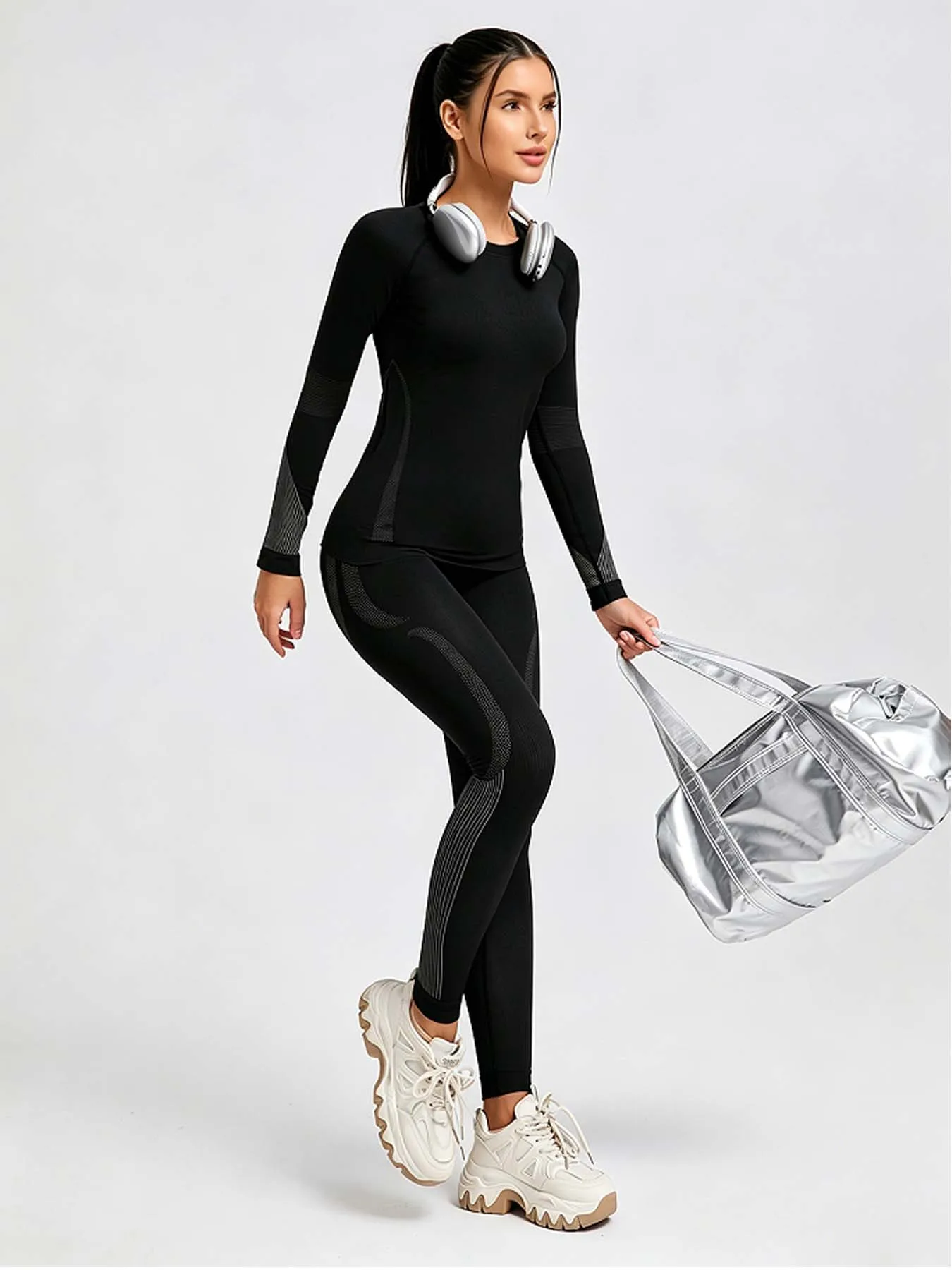 Women Seamless Stripe Panel Yoga Set Long Sleeve Crew Neck Top High Waist Hip Lift Leggings 2 Piece Gym Running Sports Suit