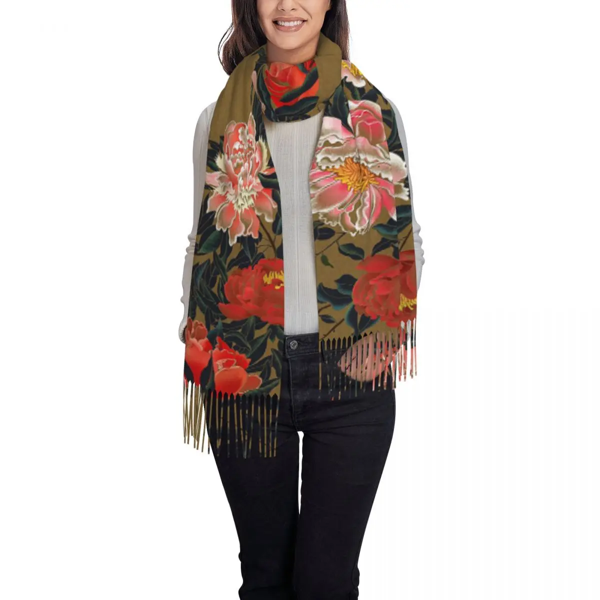 Bufanda de peonía china, bufandas con borlas para mujer, chales y chales suaves y cálidos, chal grande para Otoño e Invierno