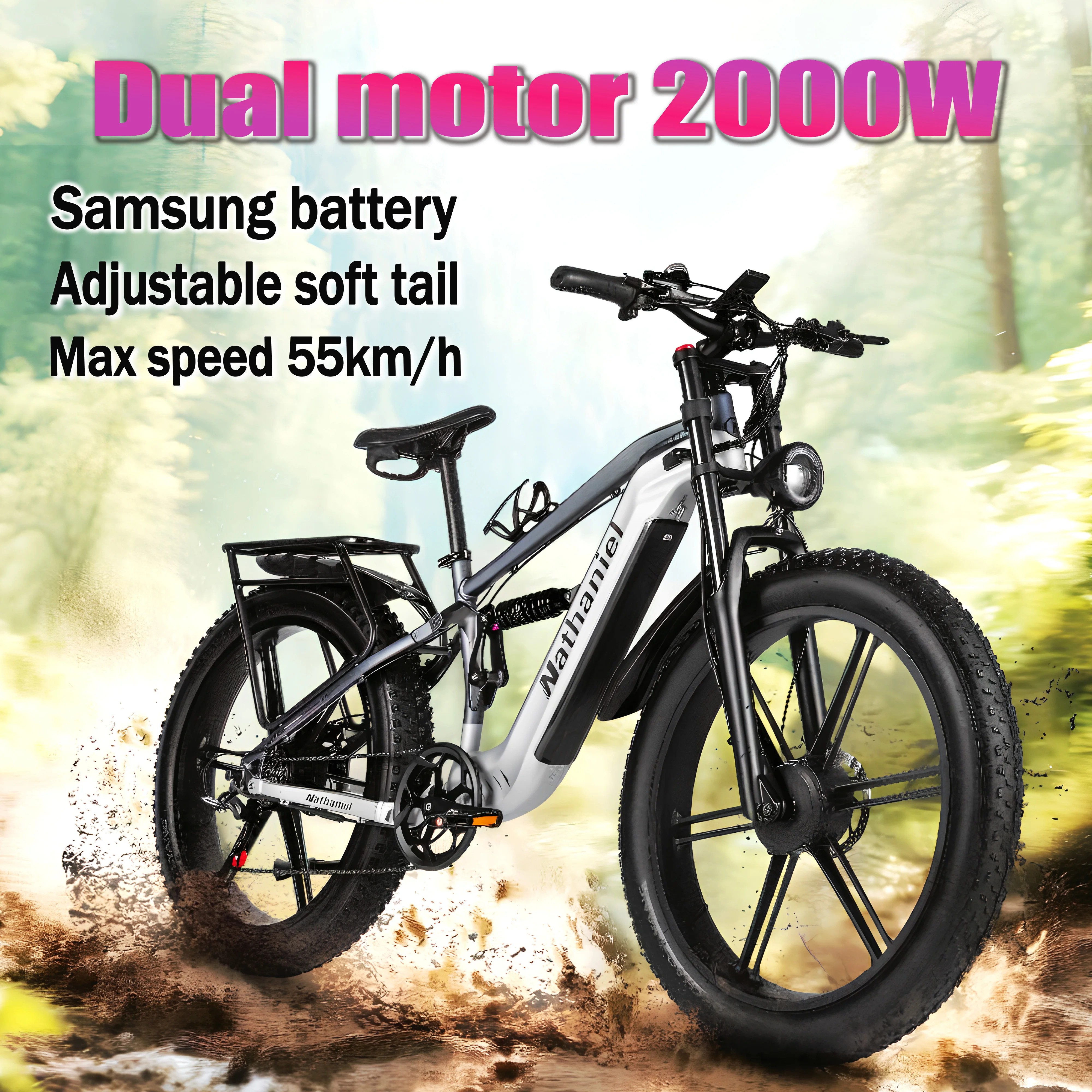 

Nathaniel SYR09 Two motor 2000W, 26"one piece wheel E-bike,48V 20Ah Detachable battery, speed 55km/h, all terrain mountain bike