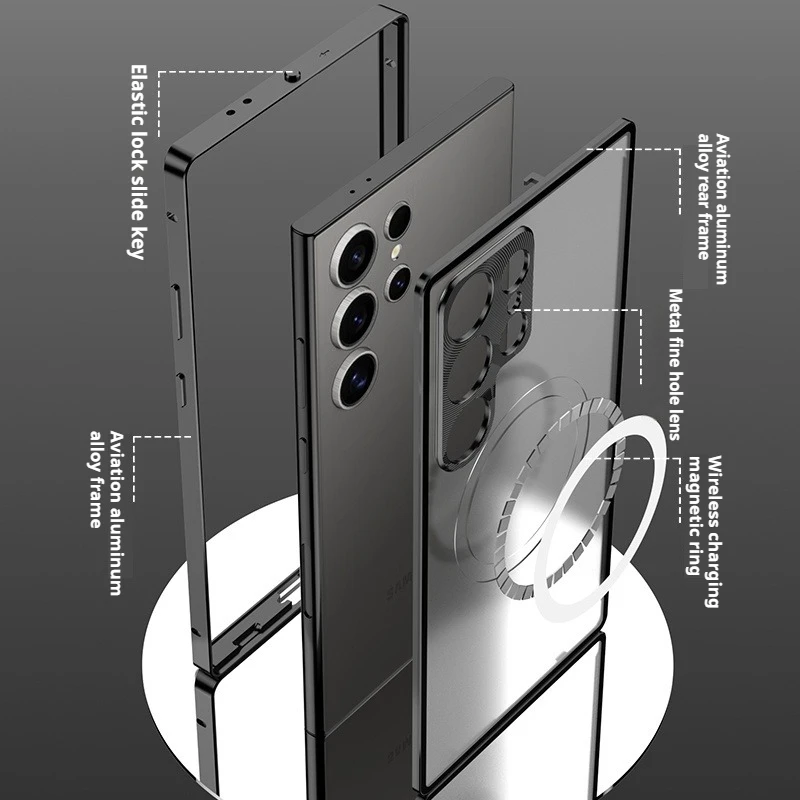 Split Metal Frame Matte Clear Backboard Phone Case For Samsung Galaxy S25 S24 S23 Ultra Plus Magnetic Ring Frosted Bumper Cover