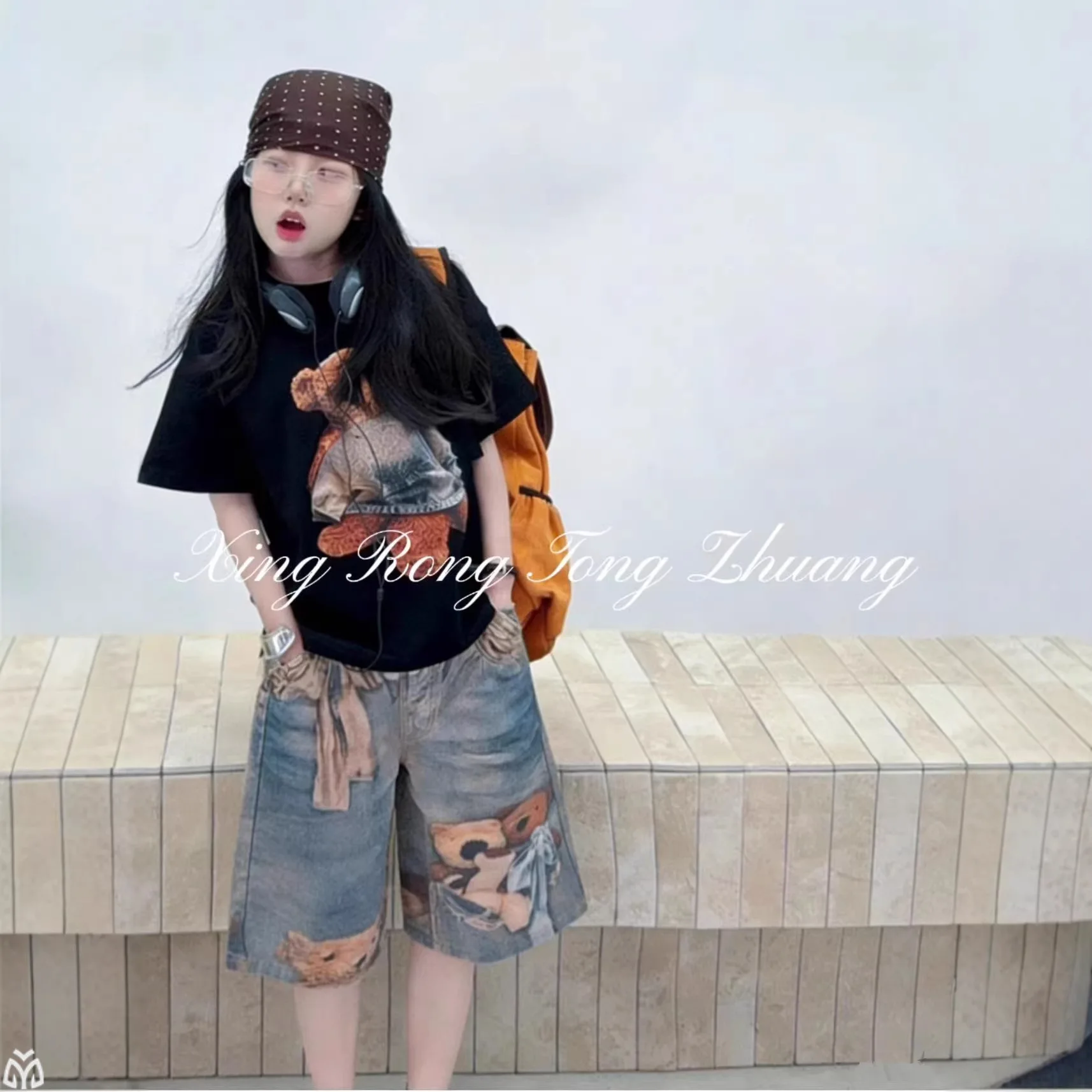 

Летние джинсовые шорты с мультяшным медведем для девочек-подростков, хлопковая футболка с коротким рукавом и принтом, широкие шорты, детская одежда для подростков, комплекты для детей