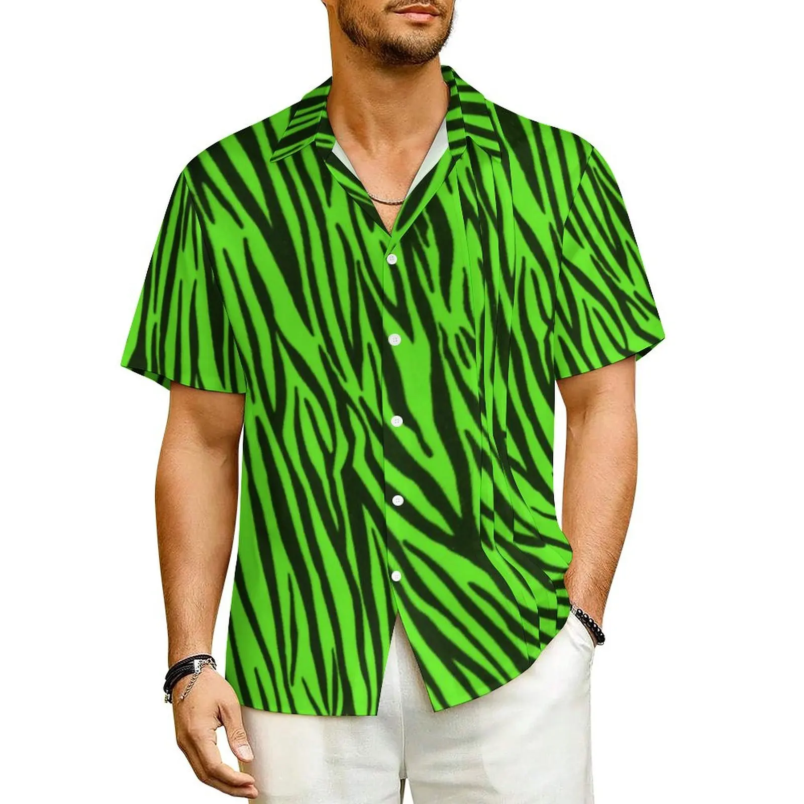 

Hawaii Shirt Beach Green Zebra Stripes Blouses Animal Print Elegant Casual Shirts Male Short-Sleeved Breathable Oversized Top