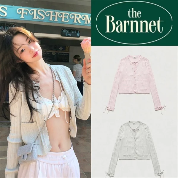 

The Barnnet Eight Milk Кружевная отделка Вязаный свитер Кардиган Ремень Жилет Комплект Slim Fit Длинный Свек круглый Ne Пуговицы Чистый цвет