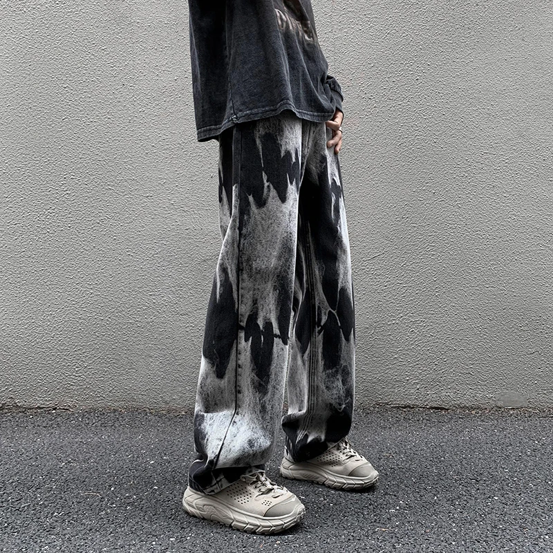 BrMen's Tie Dye Jeans Fashion Hip Hop Street Straight Loose Wide Leg Pants Y2k Clothing Y