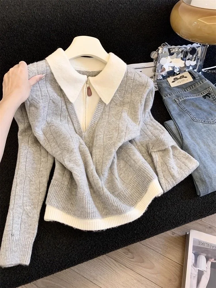 

Slimming Sweet Knitted Sweater with f Zip Collar Fake Two-Piece Women's Faion Autumn Winter Korean Sle Versatile Top