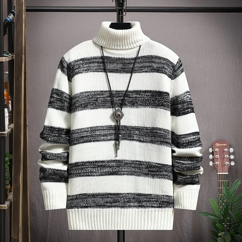 Men's Striped Polo/turtle Neck Knitted Top Casual Fashionable Pullover Two Lapel Sweater Autumn/winter For Young Koreans