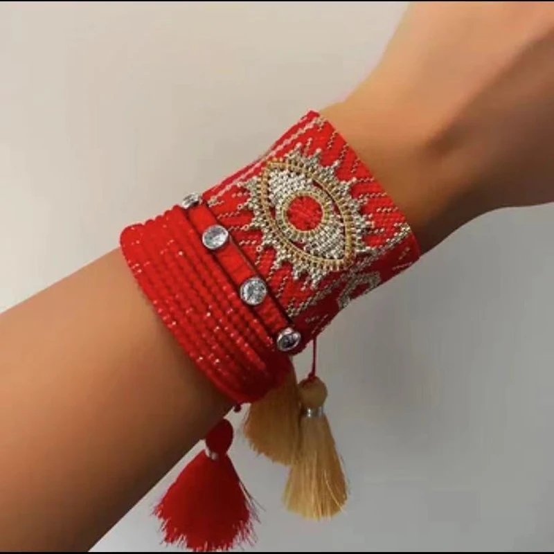 Mosengkw Wide 3D Evil Eye Red Color Miyuki Bracelet Handmade Ethnic Style Multilayer Crystal Bracelet