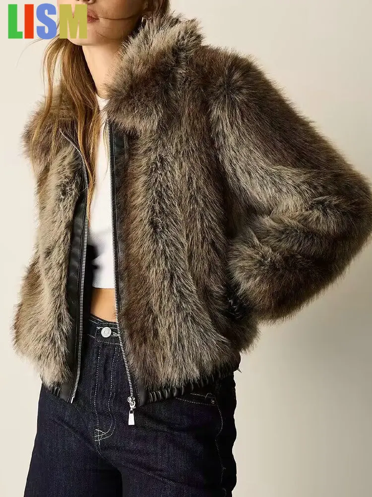 

LISM 2025 Winter Coat Women's Elegant High Neck Faux Fur Jackets Lady High Street Chic Thick Warm Loose Zipper Coats Outerwear
