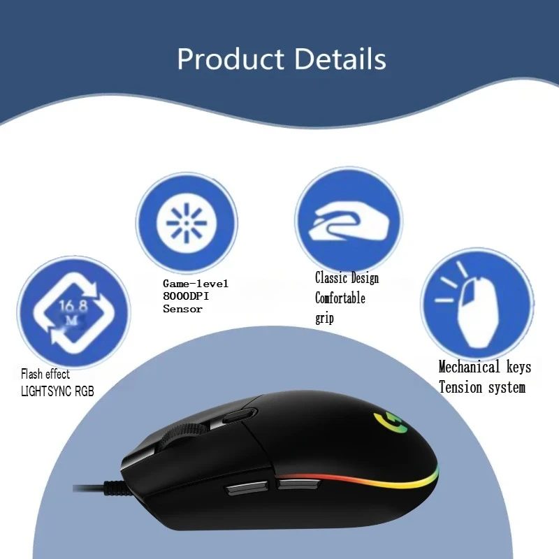 Przewodowa mysz do gier Logitech G102/G203, zapewniająca wysokiej jakości wydajność w e-sportie, precyzyjny czujnik 8000 DPI, konfigurowalne podświetlenie RGB.
