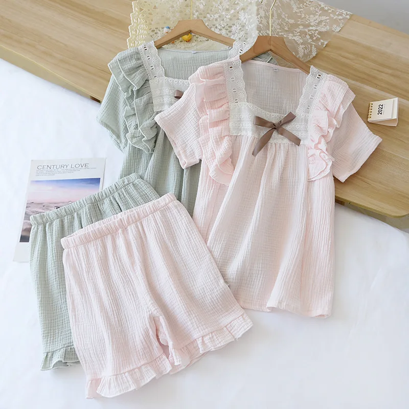 Japanese summer new short-sleeved shorts ladies pajamas set 100% cotton crepe solid color fresh home clothes two-piece set