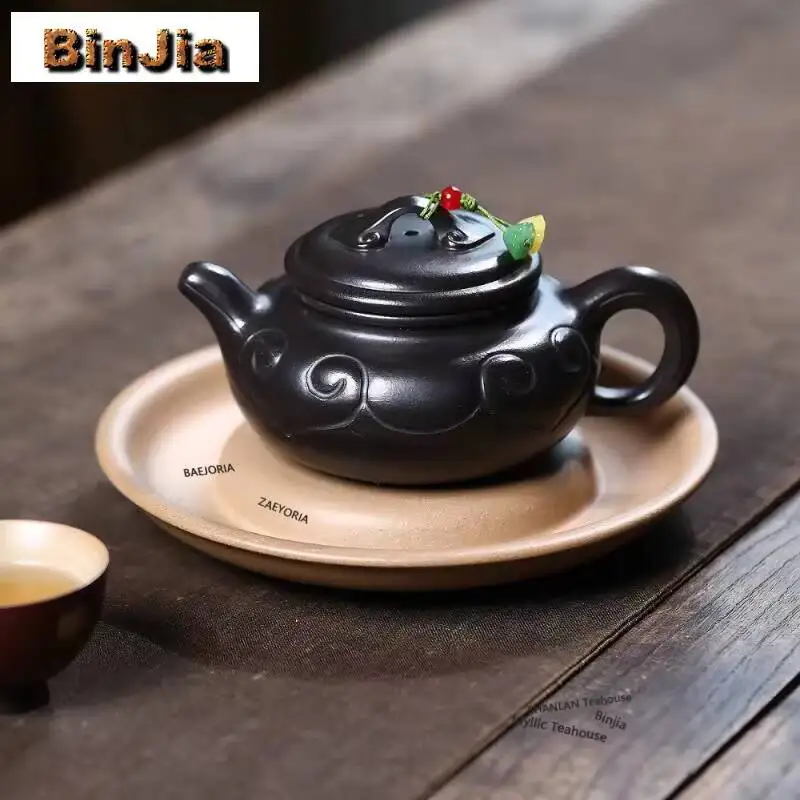 230ml Luxury Yixing Purple Clay Teapots Handmade Black Antique Ruyi Pot Raw Ore Zhu Mud Kettle With Strainer Zisha Tea Set Craft