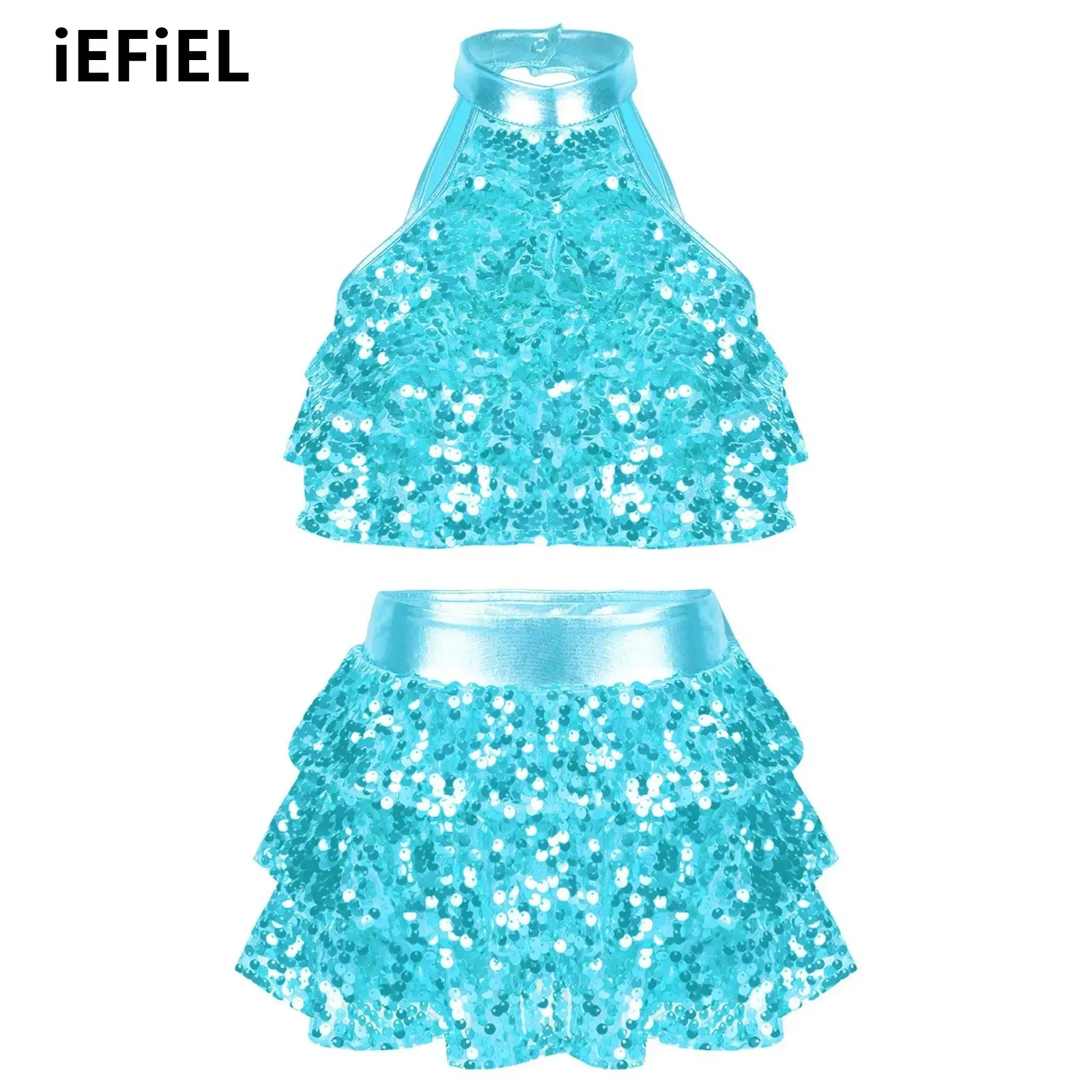 

Kids Girls Shiny Sequins Clothing Outfit Tiered Crop Top with Elastic Waistband Skirt Sleeveless Round Collar Backless Set