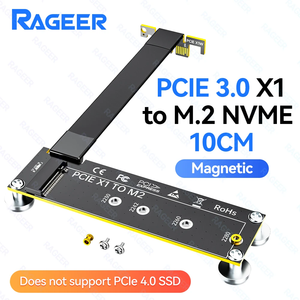 RAGEER PCI-E 3.0/4.0 X1 naar M.2 NVMe SSD Riser Card Adapter 10CM Verlengkabel M.2 NVMe SSD Ondersteuning Compatibel met Desktop PC