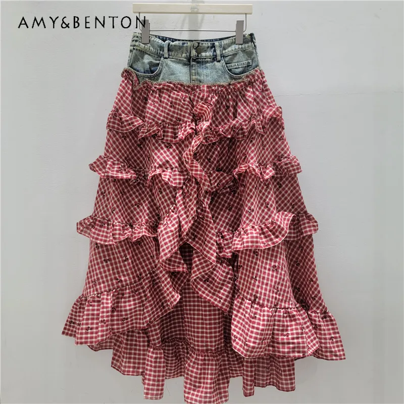 

High Waist Plaid Patchwork Ruffle Long Denim Skirt Ladies Spliced Tier Half Skirts Trendy Slim Fit Casual Daily Versatile Female