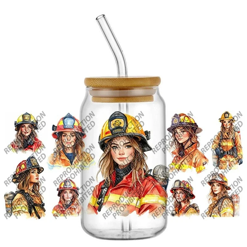 16oz Firefighter Rescue Hero Pattern UV DTF Cup Wraps, 3D Self-Adhesive DIY Transfer Decals for Libbey Glass Tumbler