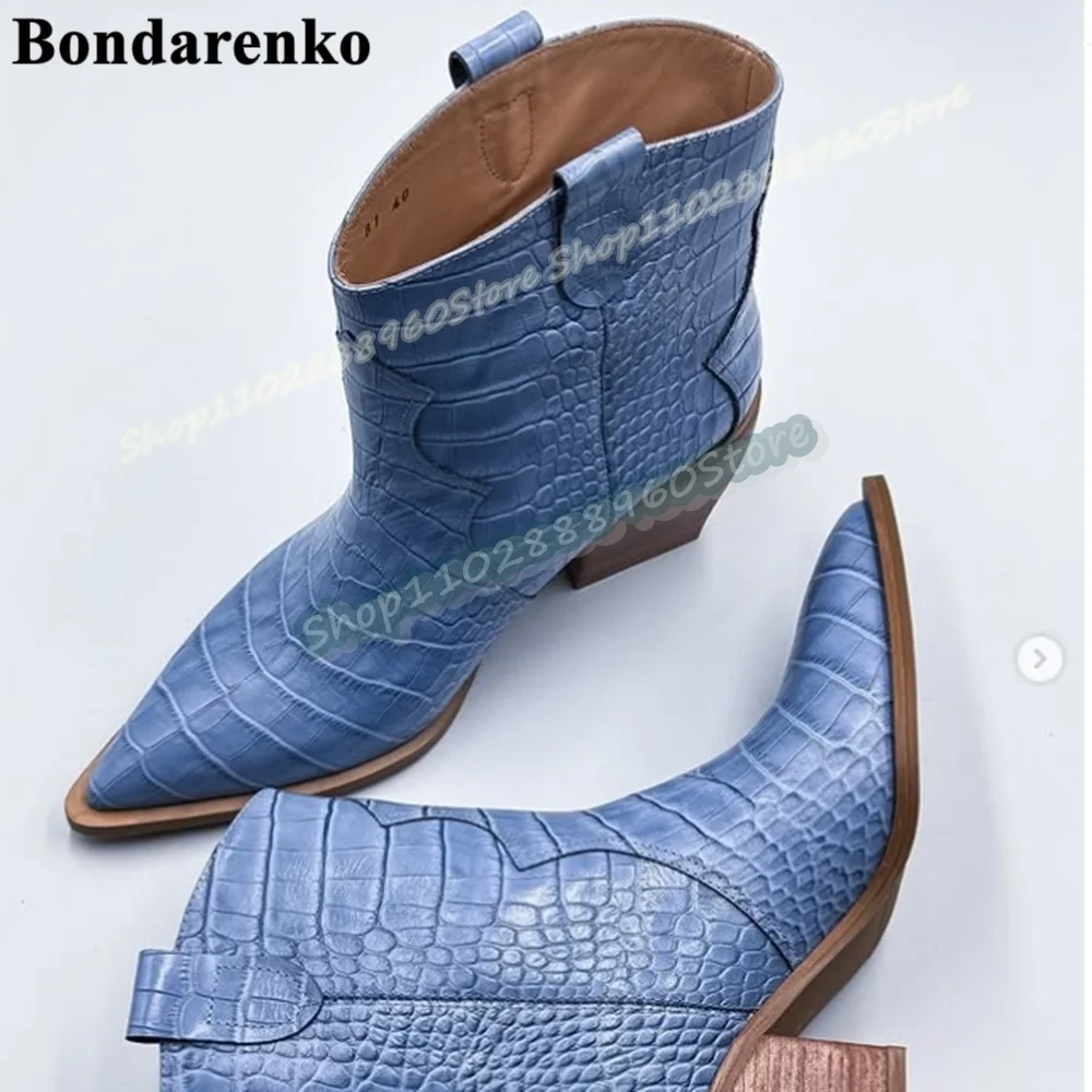 

Occidental Blue Crocodile Skin Ankle Boots Thick Heel Shoes For Women Slip On Pointed Toe Trending Casual Zapatos Para Mujer