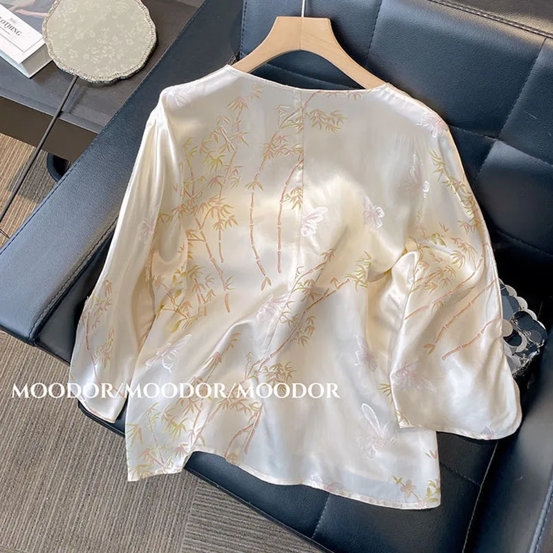 Elegant Chinese Style Bamboo Print Shirts Medium Sleeve Crew Neck Shirt Loose Thin Blouse Summer Vintage Women's Clothing