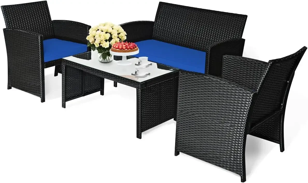 

4 Pieces Patio Furniture Set, Outdoor Rattan Wicker Patio Conversation Set, Outdoor Rattan Sofa & Table Set w/Cushions for Lawn