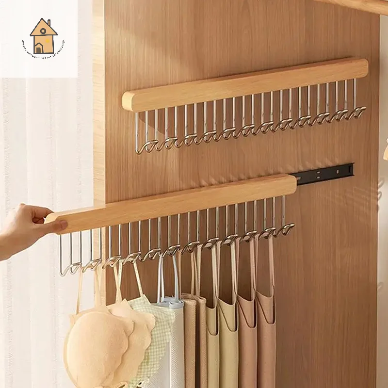 

New Wooden Wall Hanging With Telescopic Drying Rack With Stainless Steel Hook Pull-Out Space Saving Underwear Tank Top Organizer