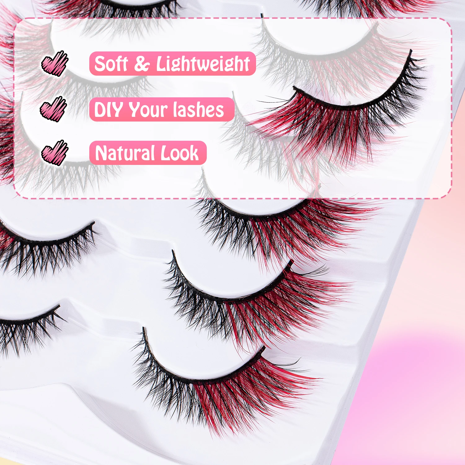 7 paia di occhielli rossi di colore misto con ciglia finte color croce allungate da 12 mm, un must per Natale/Halloween