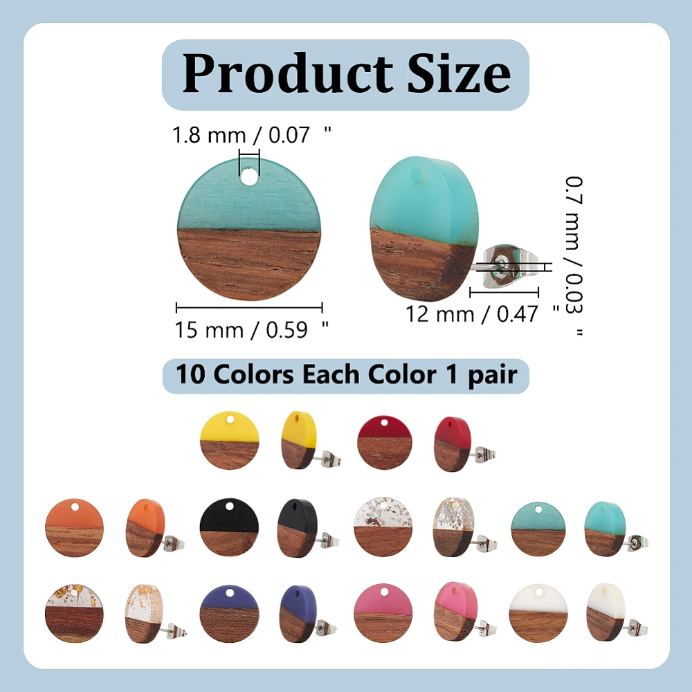 10 Pairs Wooden Earrings 10 Colors Flat Round Resin Walnut Wood Stud Earring Findings Boho Dangle Earrings for DIY Women Jewelry