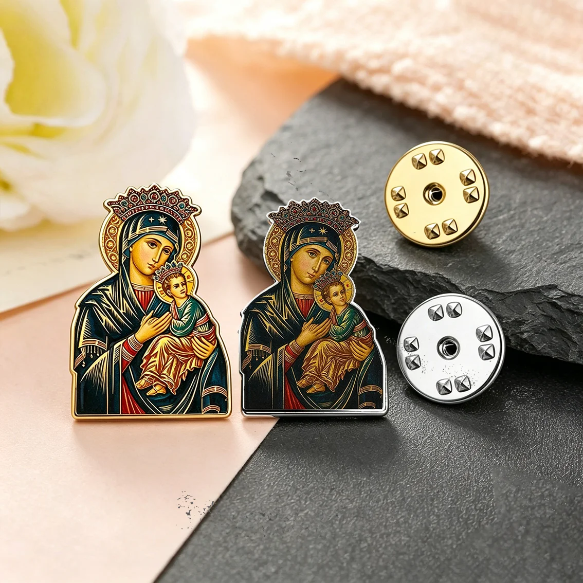 Our Lady of Perpetual Help Brooch Catholic Virgin Mary Lapel Pin Stainless Steel Religious Christian Faith Jewelry Scotland Pin