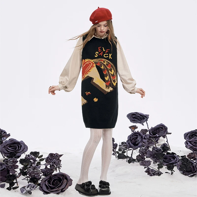 ELFSACK 2025 Zimowe Nowości Y2K Casualowa Sukienka z Kołnierzykiem i Grafiką Doodle, Imitacja Dwuczęściowej Koszuli dla Kobiet